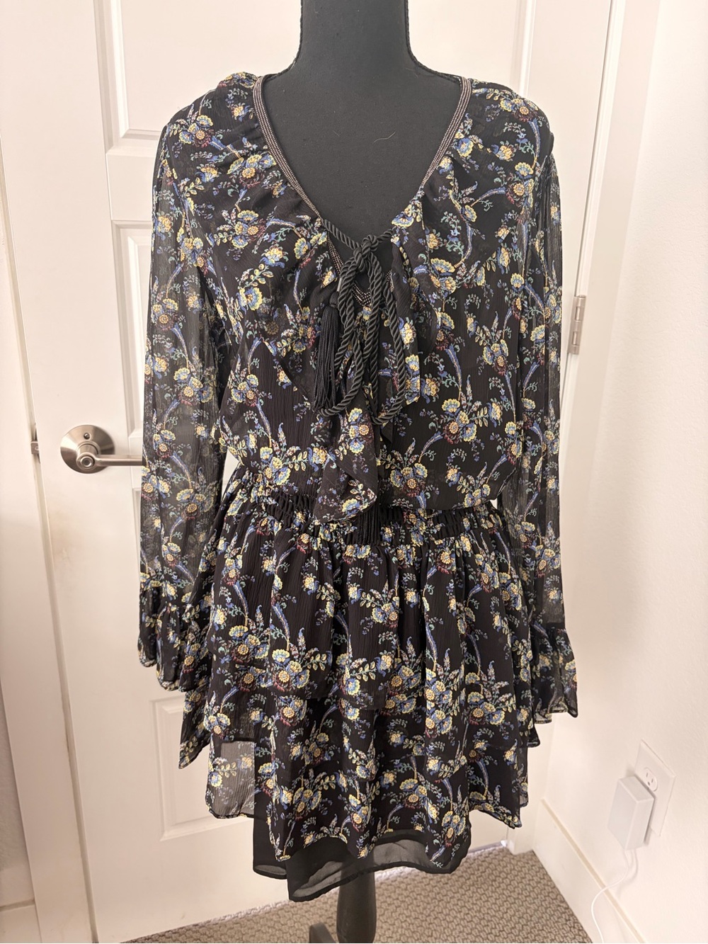 Floral Tie-Neck Black Tiered Women’s Dress
